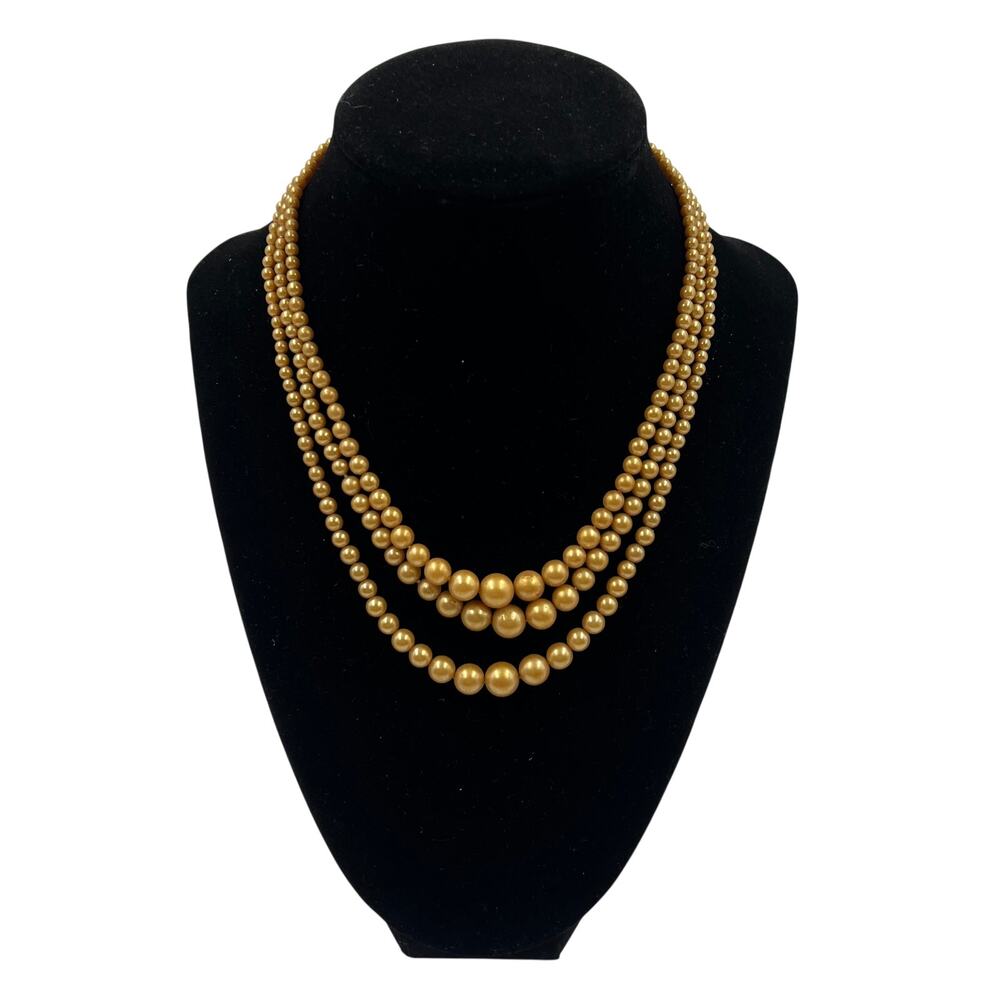 Vintage Triple Strand Faux Golden Pearl Necklace Classic MCM Antique Clasp